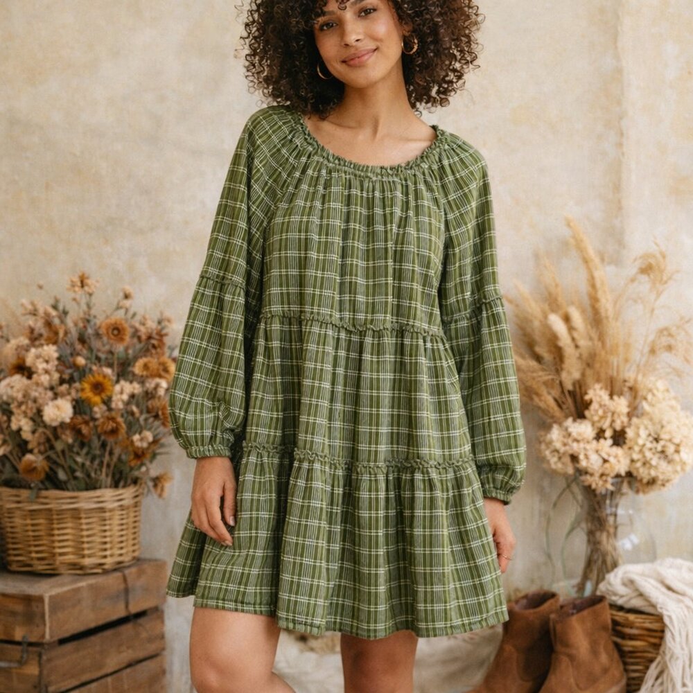 Wonderly Olive Green Plaid Tiered Mini Dress Cottagecore Boho Size M